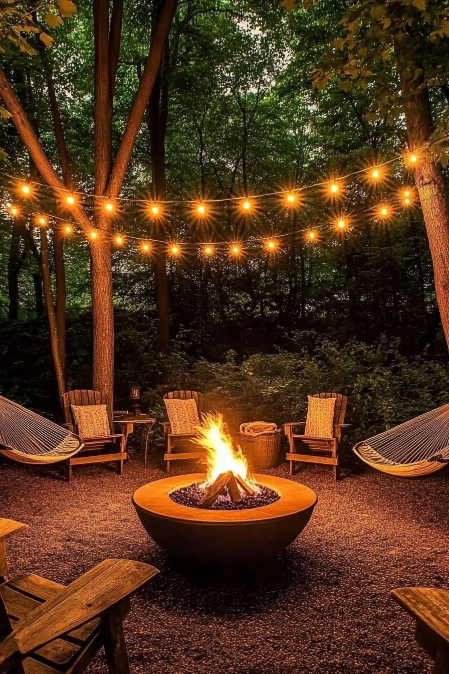 Woodland Retreat with a Cozy Fire Pit Setup