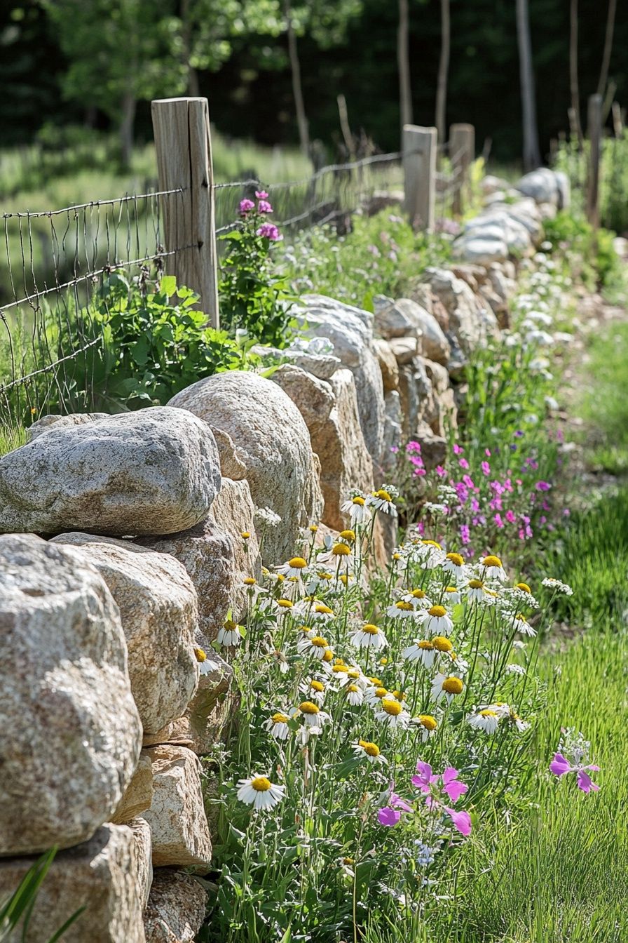 Rustic Gabion Fence and Wildflowers