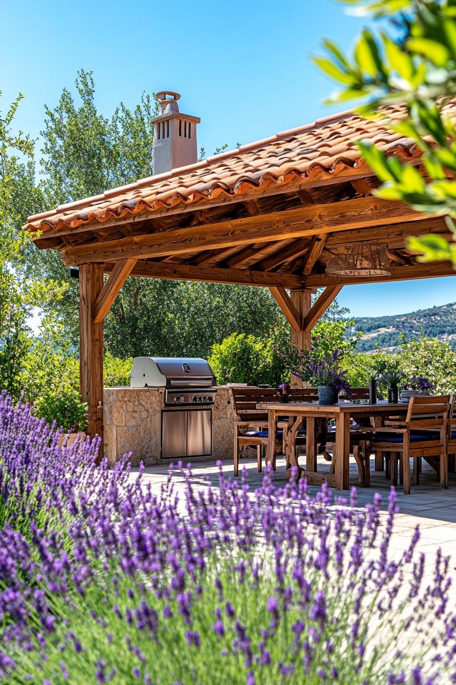13. Rustic Wooden Pergola with a Tiled Roof Shade