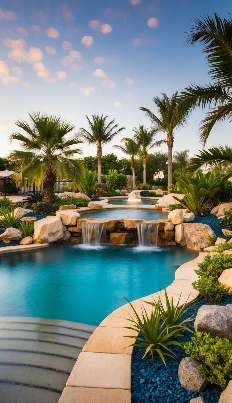 A beach entry pool surrounded by lush landscaping and various design elements, such as waterfalls, palm trees, and decorative rocks