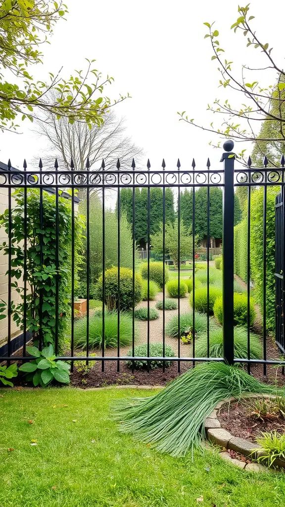 A view of a beautifully landscaped garden enclosed by a black wrought iron fence.