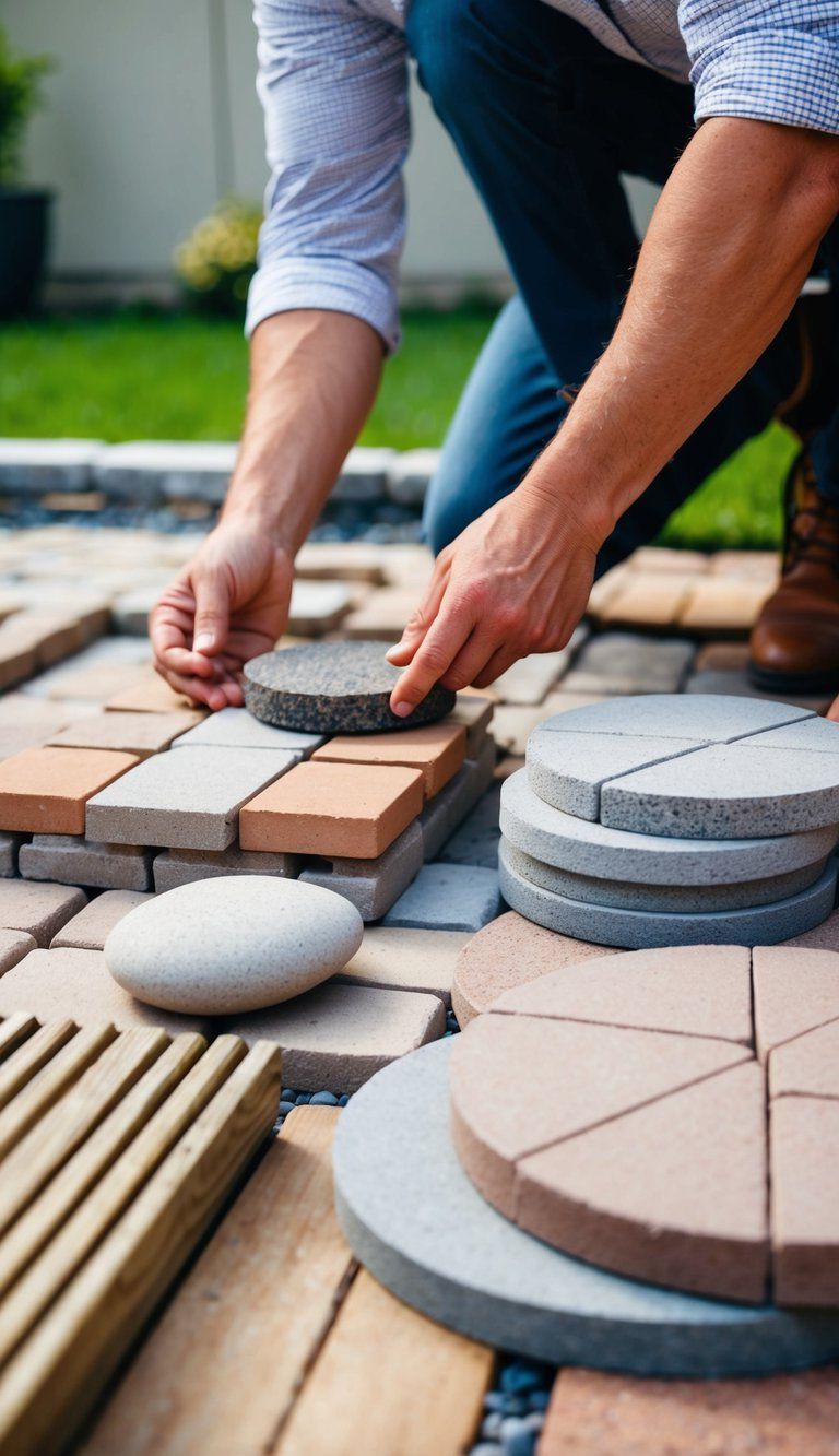 A person selecting materials for a backyard patio from a variety of options, including pavers, bricks, stones, and wood decking