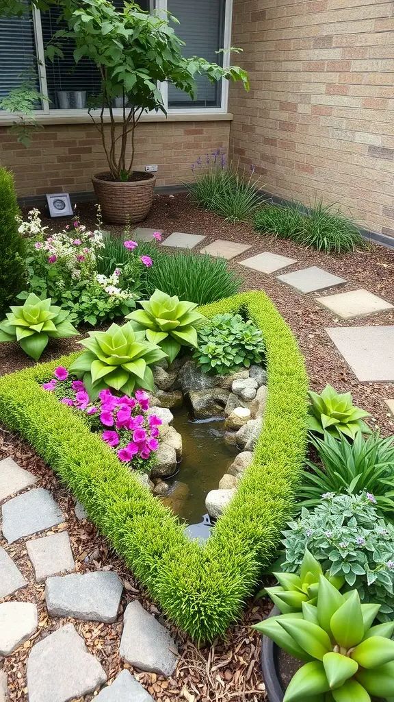 A small triangular garden featuring a pond, colorful flowers, and lush greenery.