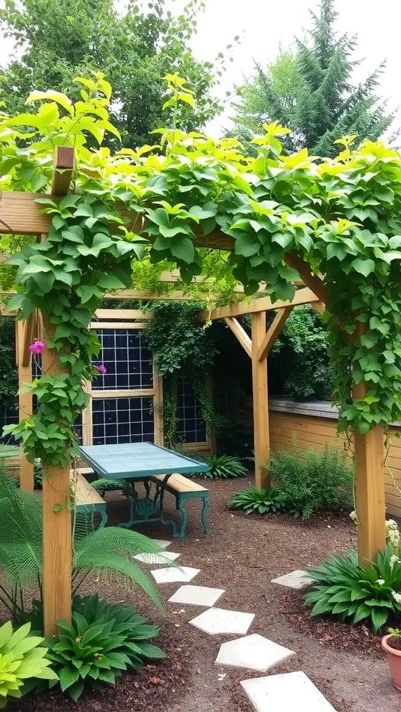 A beautiful garden with a wooden pergola covered in lush green plants, featuring a table and benches underneath.