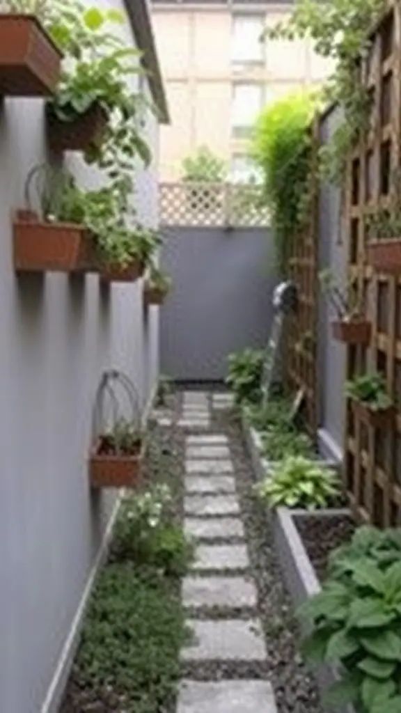 A narrow garden featuring wall-mounted planters, a stone path, and lush greenery on both sides.