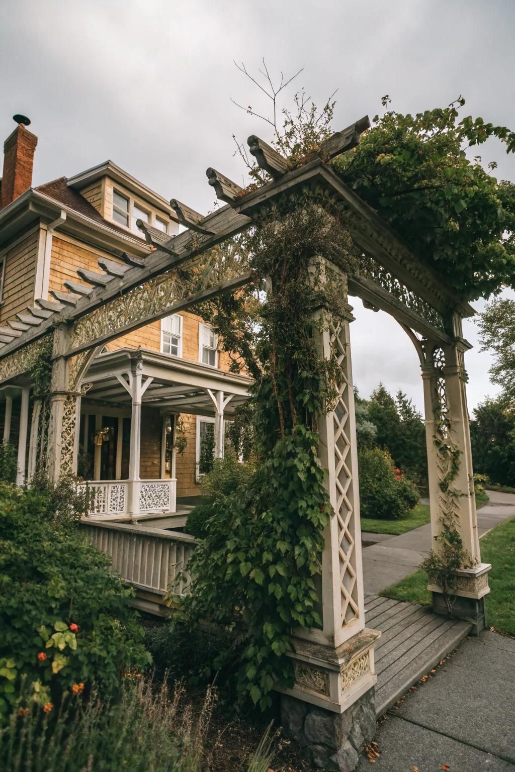 A traditional pergola with elegant details that adds timeless charm.