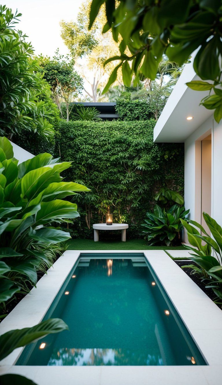 A serene plunge pool nestled in a lush backyard oasis, surrounded by vibrant greenery and accented with modern, minimalistic design elements