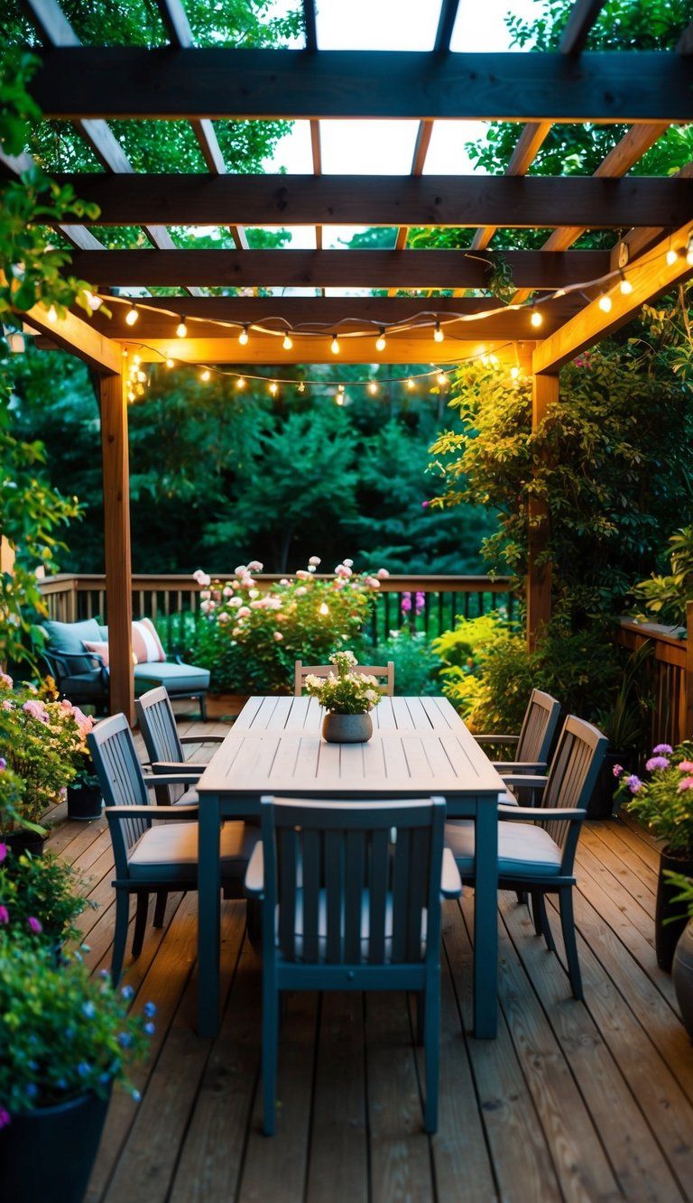 A cozy outdoor dining set sits on a wooden patio surrounded by lush greenery and blooming flowers. A pergola overhead provides dappled shade, and string lights add a warm glow to the scene