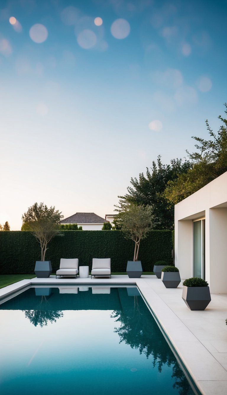 A sleek, modern pool landscape with clean lines, minimalistic furniture, and geometric planters