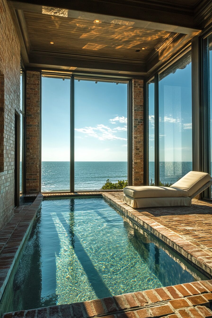 Pool house. Glass walls, brick floor, alabaster-covered lounge, ocean-view indoor-outdoor shower with cabana.