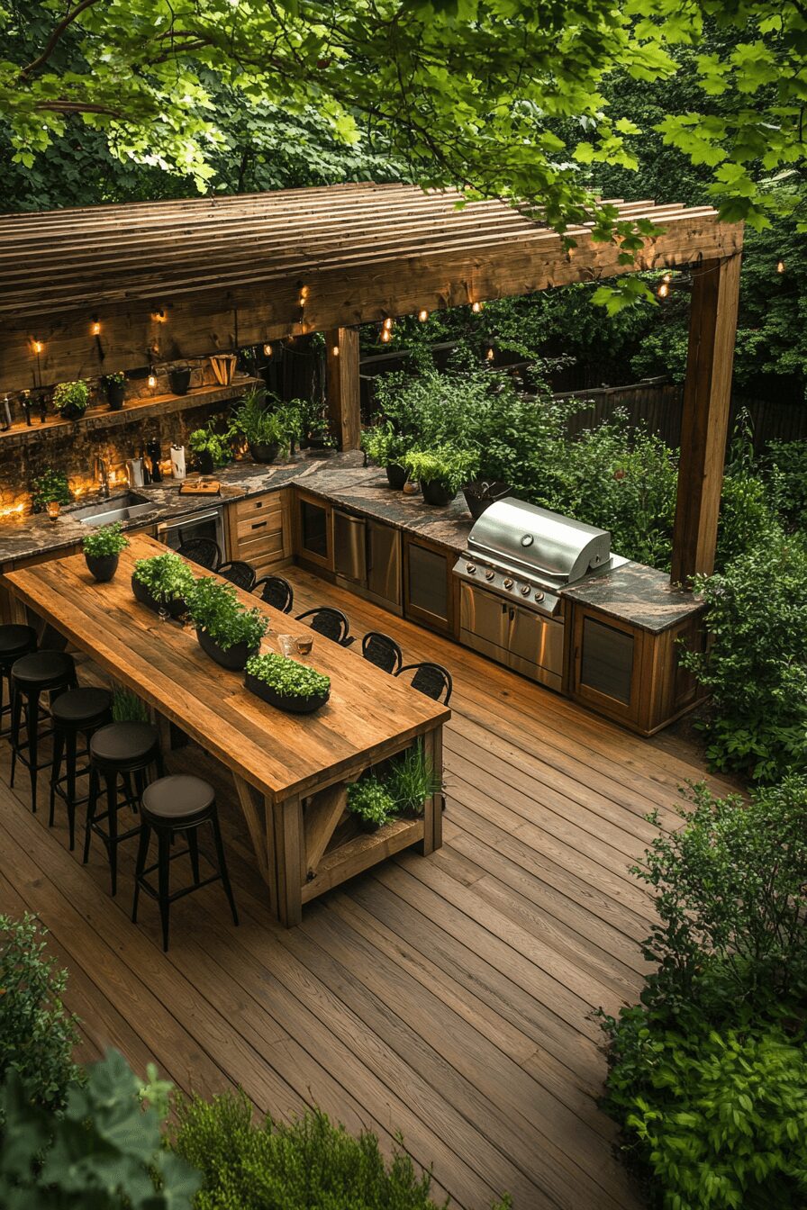 An outdoor kitchen on a wooden deck, featuring a built-in grill, bar with stools, and a large dining table, surrounded by greenery and ambient lighting for evening gatherings.