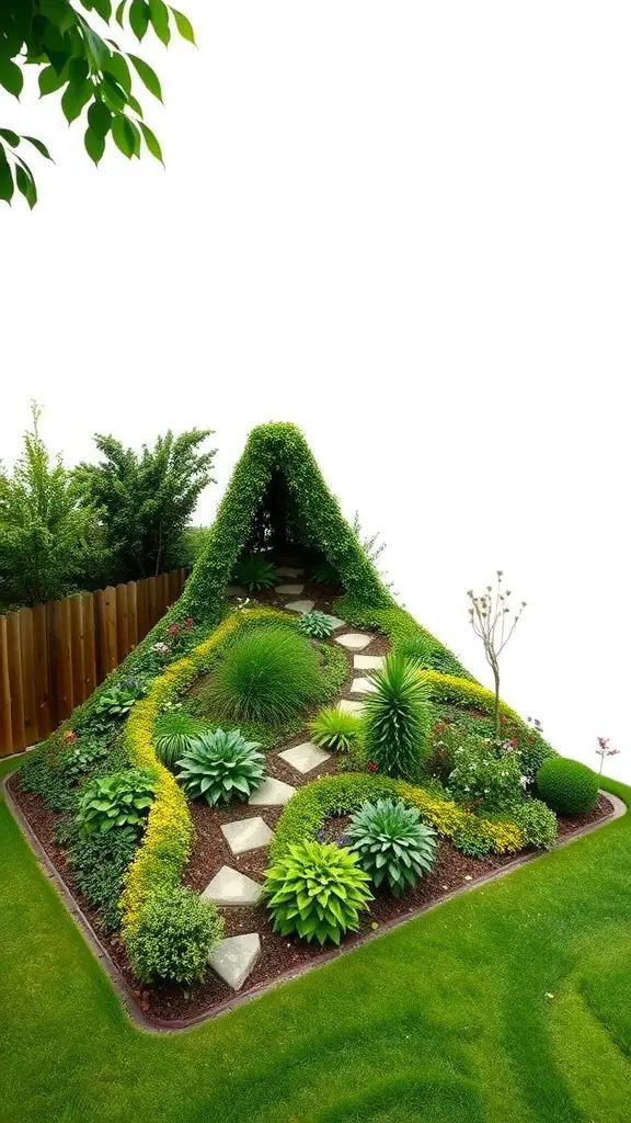 A beautifully designed triangle garden featuring various plants, stones, and a grassy area.