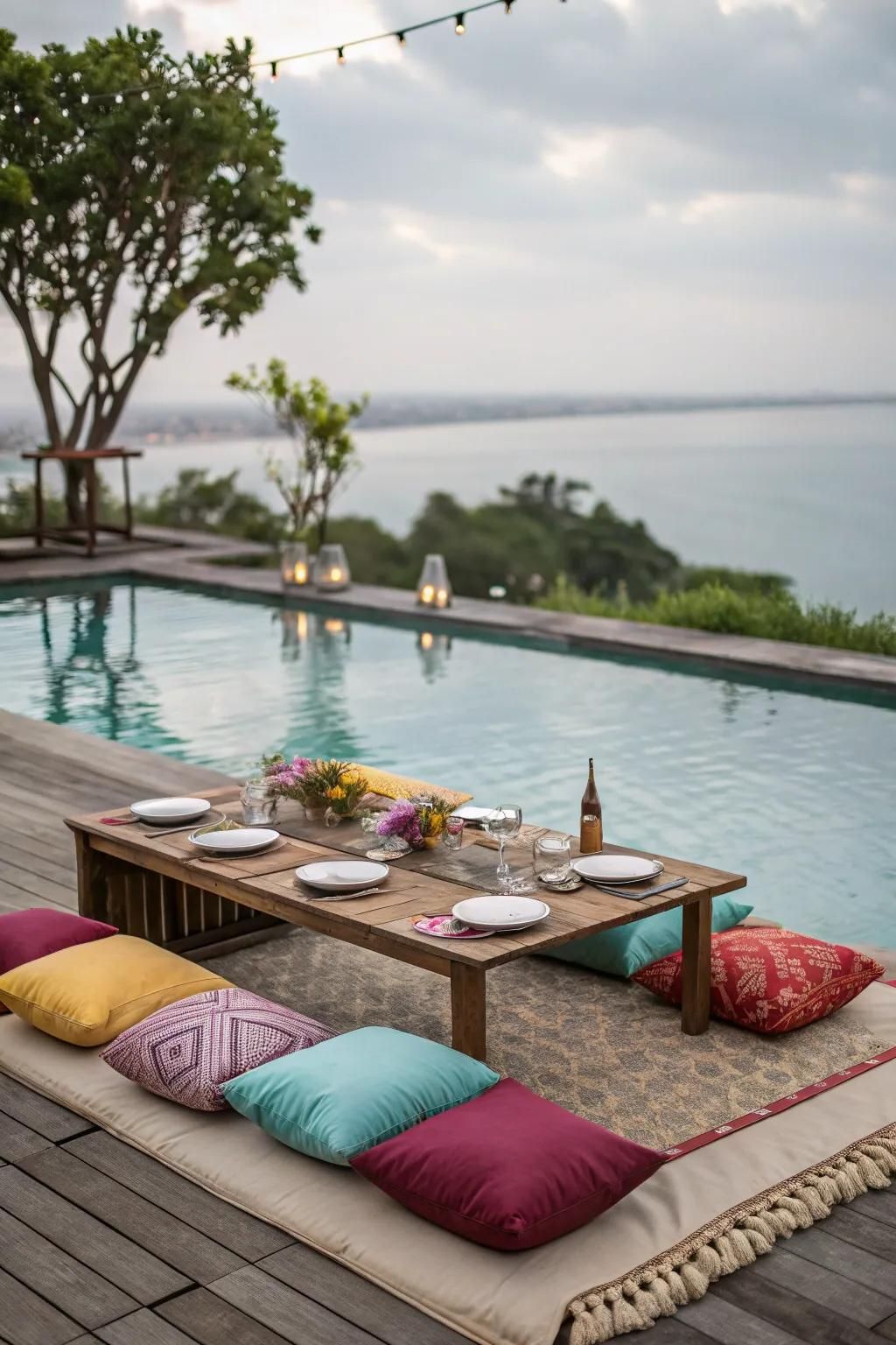 Elegant table settings create a welcoming space for poolside dining.