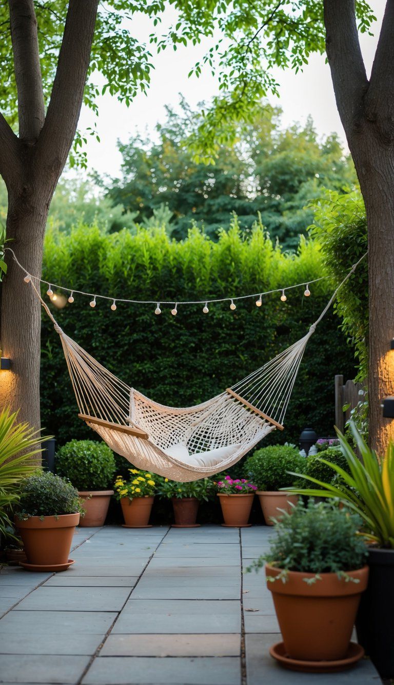 A hammock hangs between two trees on a backyard patio. Lush greenery surrounds the area, with potted plants and decorative lighting adding to the cozy atmosphere