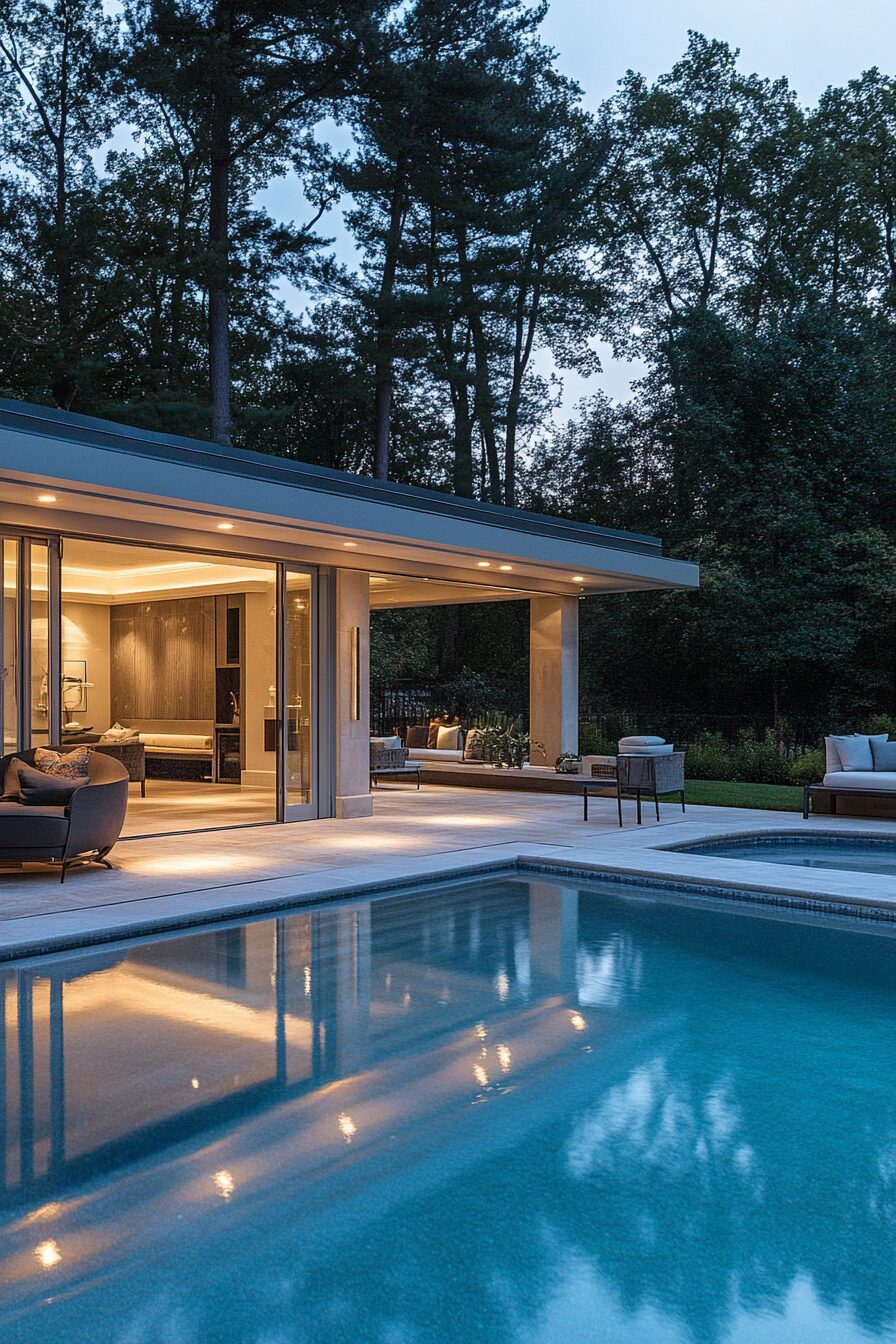 Luxury pool house. Glass doors, indoor-outdoor walk-in shower, changing cabana, covered lounge, panoramic views of pool.