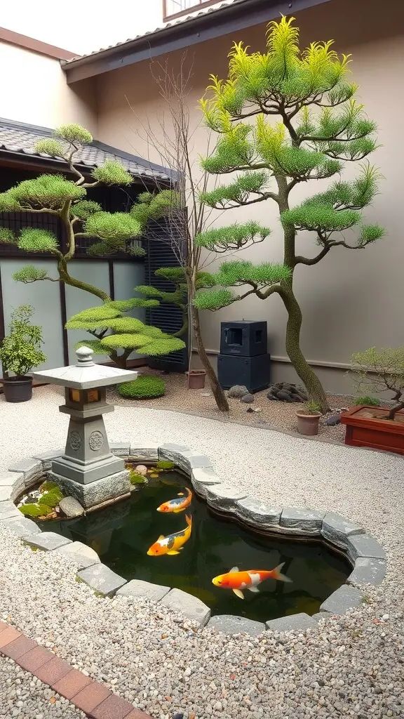 A tranquil Japanese courtyard with a pond, koi fish, and decorative trees.