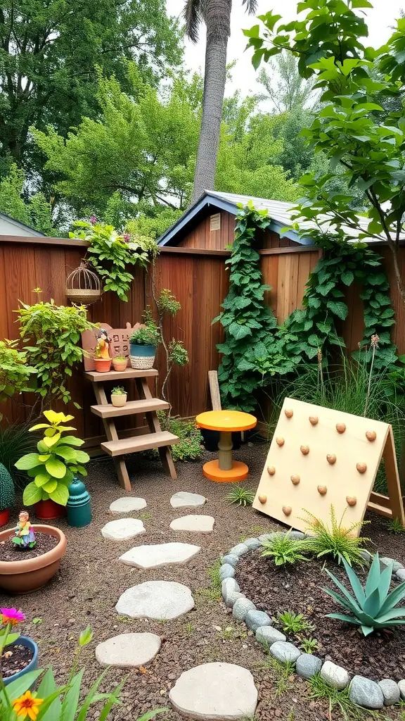 A vibrant kids' play garden featuring a climbing wall, colorful furniture, and various plants.