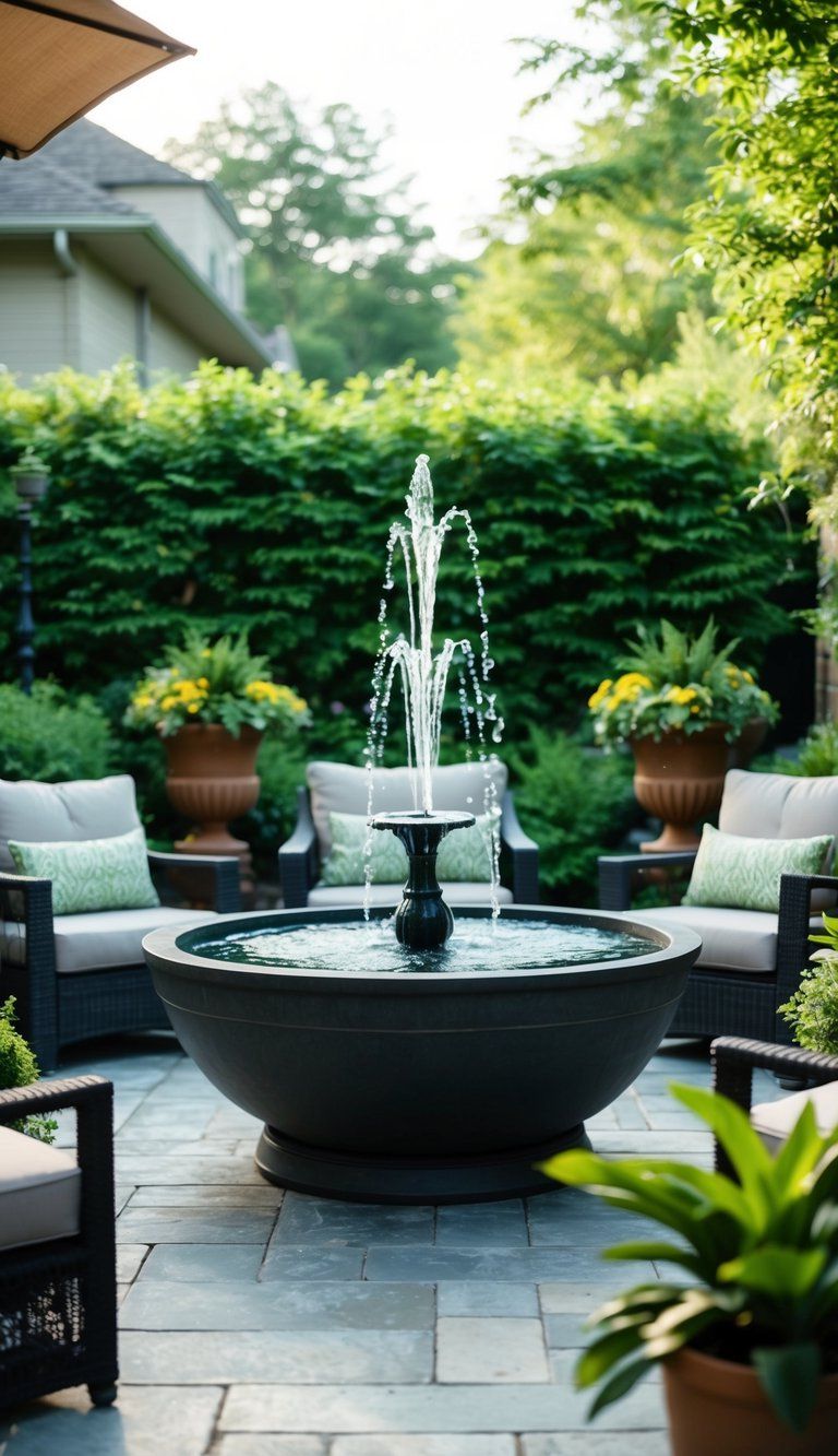 A backyard patio with a water fountain as the focal point, surrounded by lush greenery and comfortable seating areas for relaxation and entertainment
