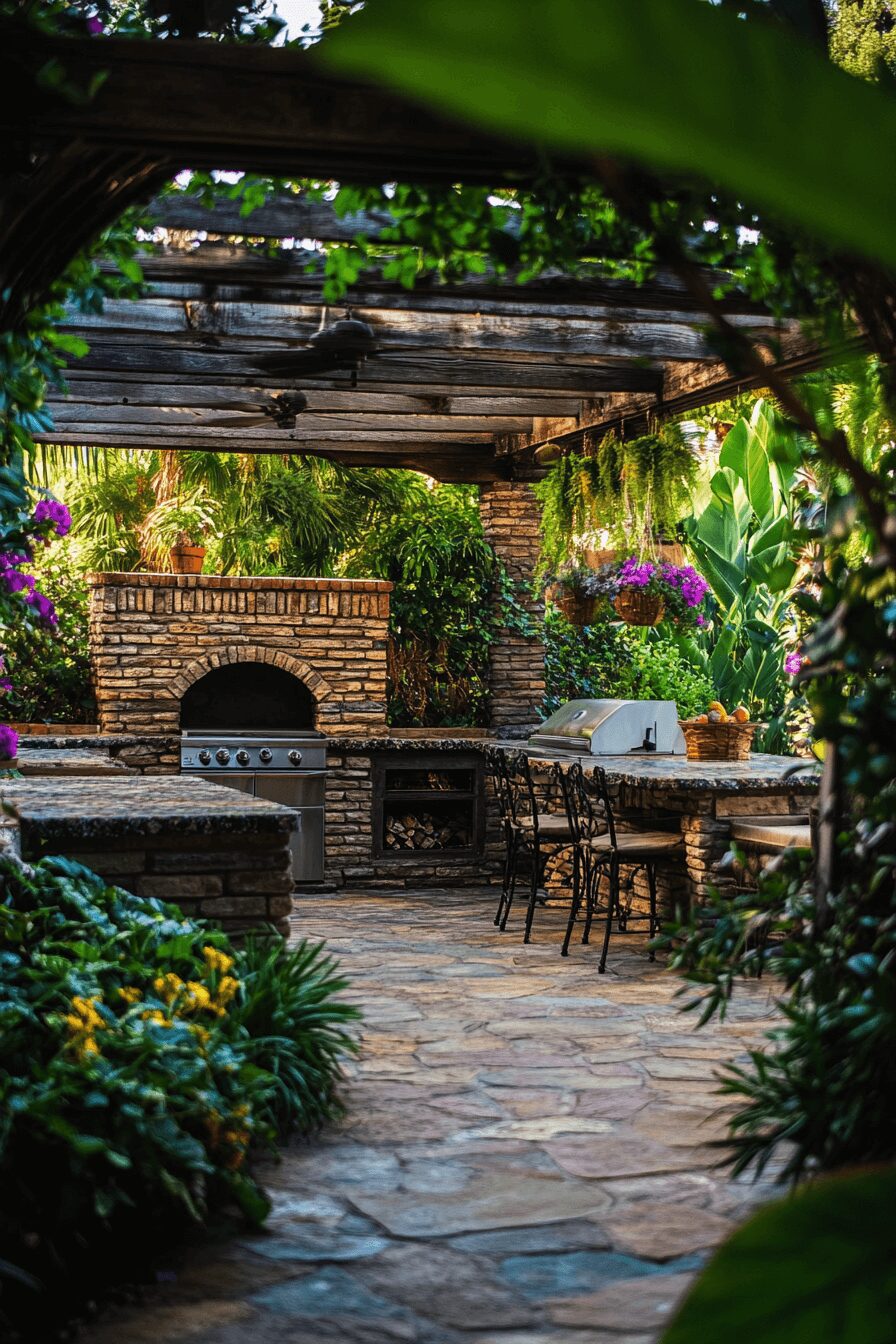 A traditional outdoor kitchen with a brick oven, stone countertops, and a wooden pergola, surrounded by lush greenery and comfortable seating.