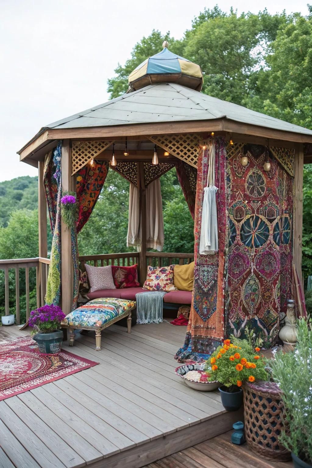 Embrace bohemian vibes with a colorful, eclectic gazebo.