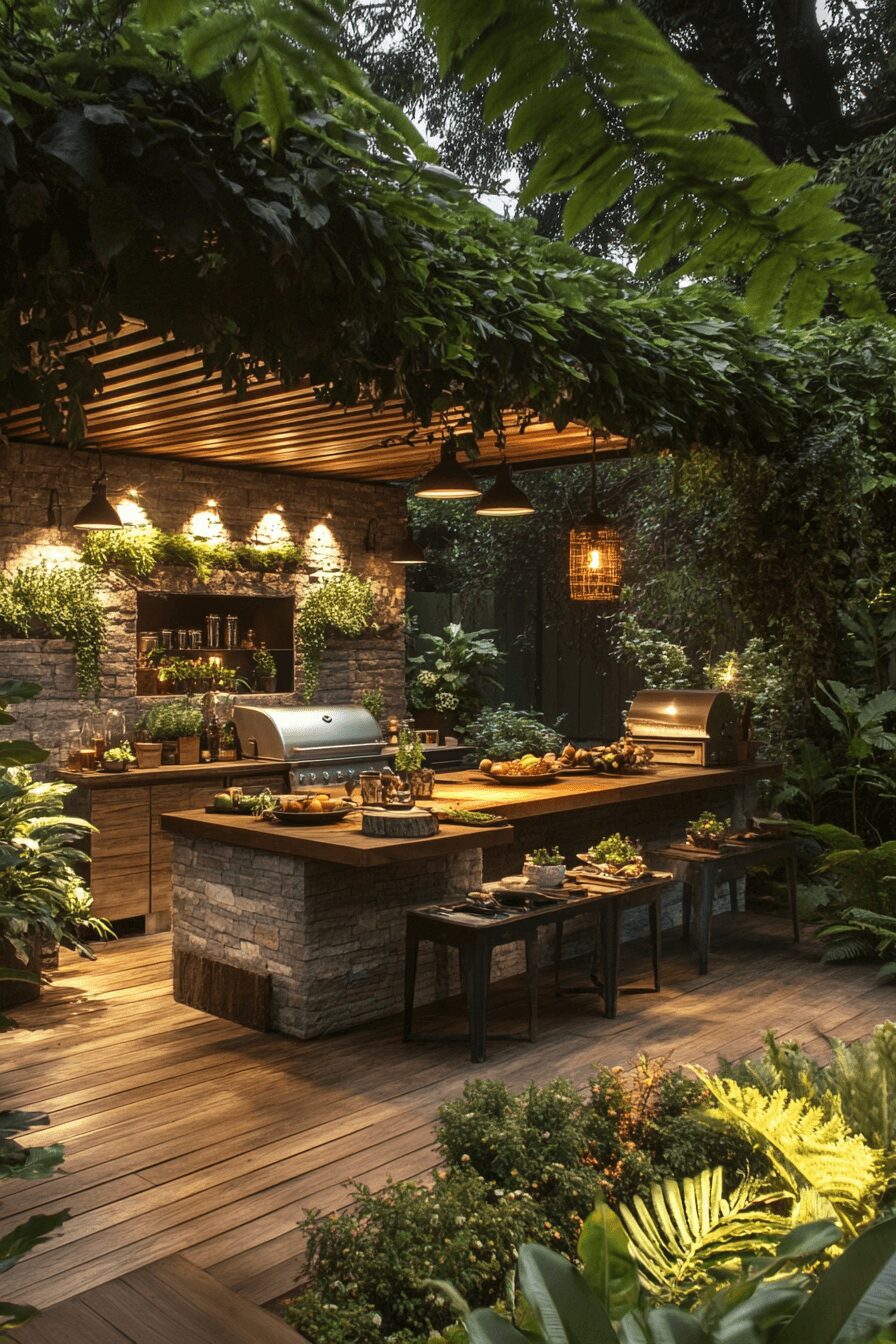 A cozy outdoor kitchen featuring a cedar wood island, wooden flooring, and a mix of stone and metal accents, set in a garden with soft lighting and lush greenery for a natural, inviting ambiance.