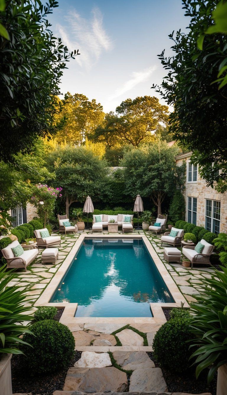 A sprawling backyard with a pool surrounded by lush greenery, stone pathways, and cozy seating areas, exuding a rustic charm