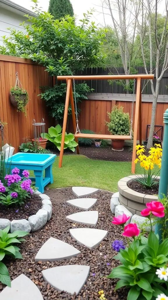A small garden with a swing, colorful flowers, and stepping stones leading through the greenery.