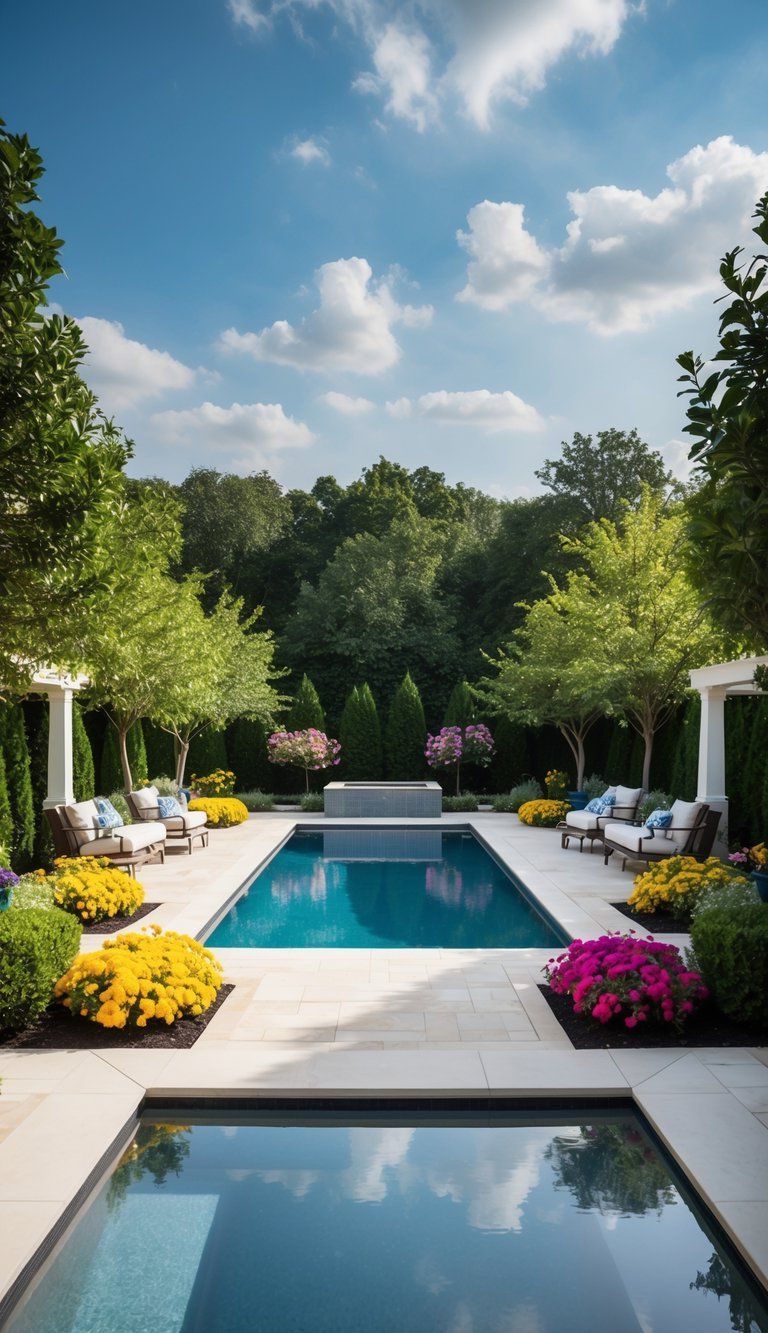 A spacious backyard with a modern pool surrounded by lush greenery, colorful flowers, and elegant landscaping features