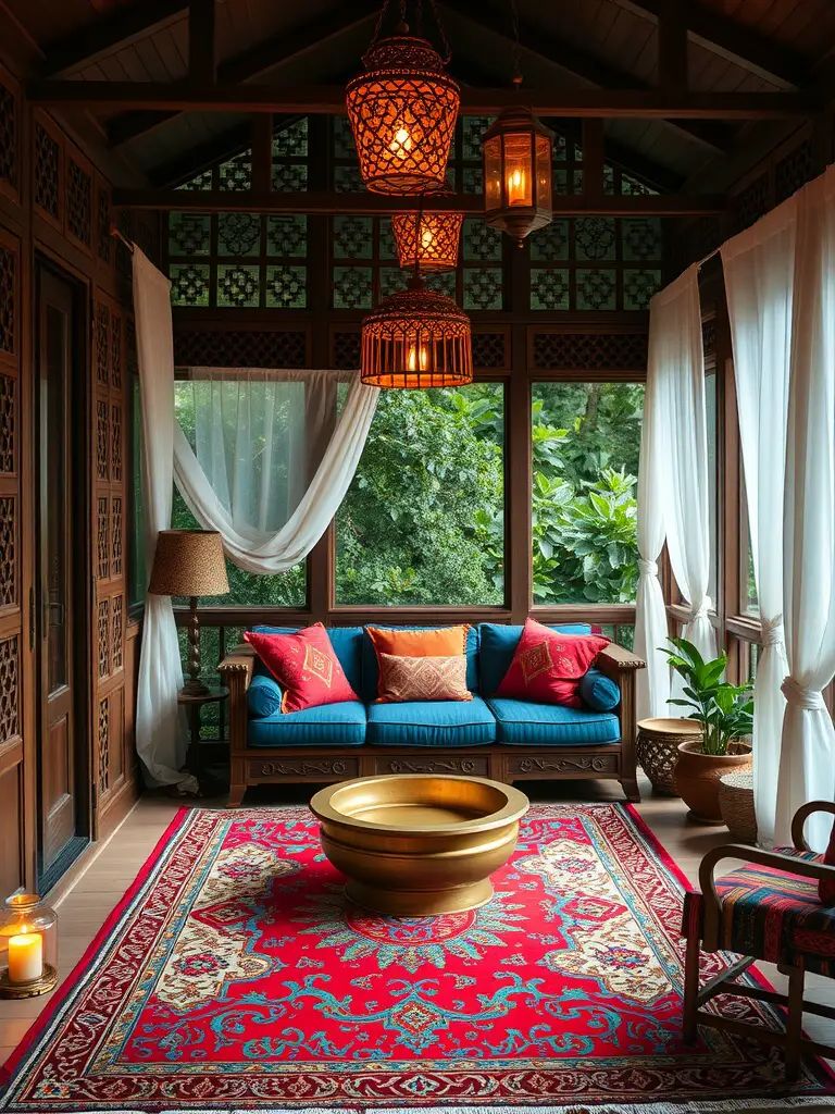 Moroccan-inspired screened porch with vibrant textiles and decorative elements.