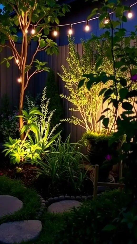 Beautifully illuminated garden at night with string lights and soft lighting around plants.