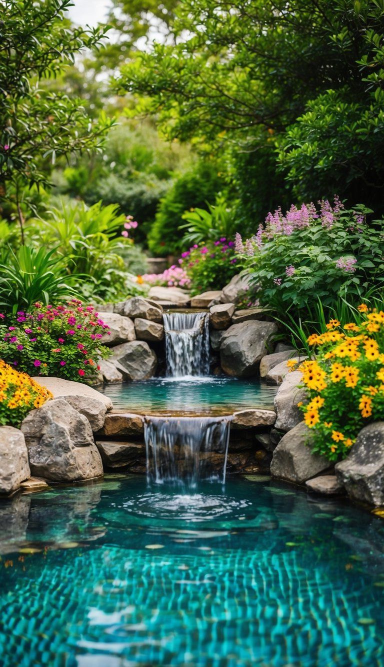 A serene natural pool surrounded by lush greenery and colorful flowers, with a small waterfall cascading into the crystal-clear water