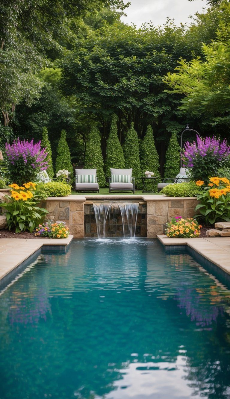 A serene backyard pool surrounded by lush greenery and colorful flowers, with a cascading waterfall feature and comfortable seating areas