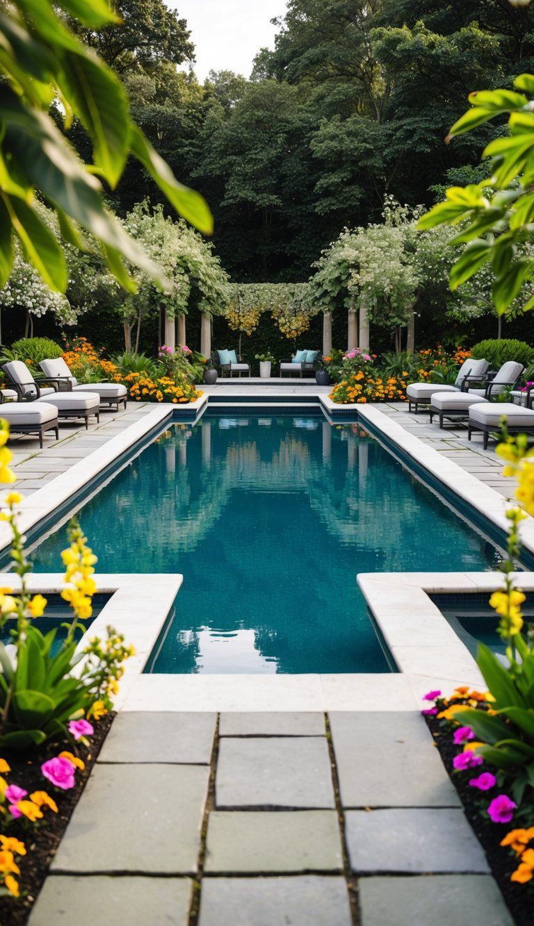 A tranquil pool surrounded by lush greenery and colorful flowers, with elegant stone pathways and a variety of seating areas for relaxation