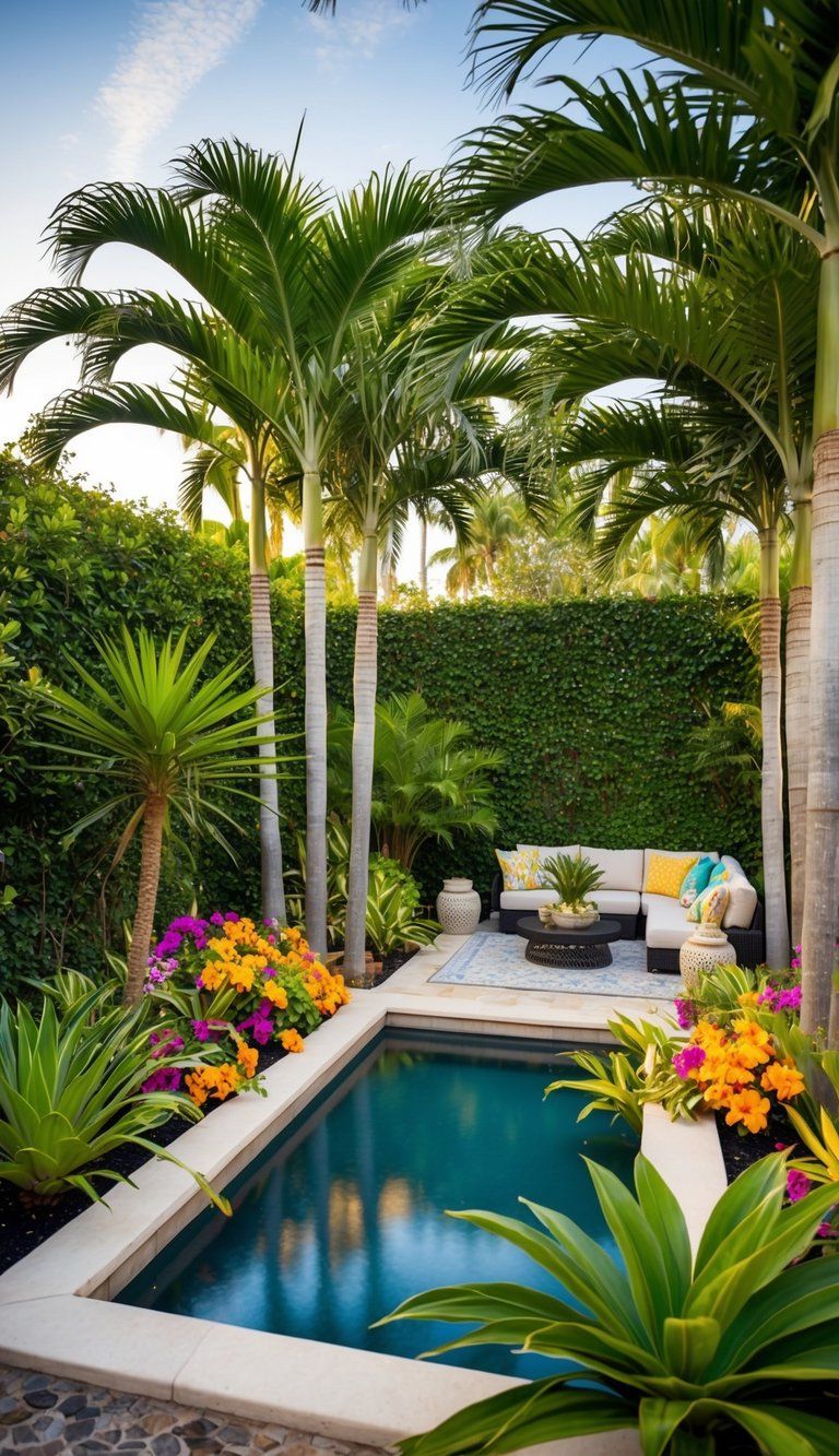 A lush backyard with palm trees, colorful flowers, and a serene water feature. A cozy seating area with tropical-themed decor completes the oasis