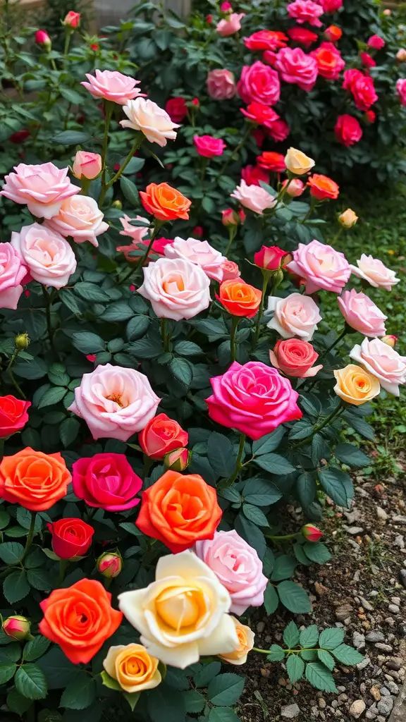 A colorful array of roses in a vibrant garden