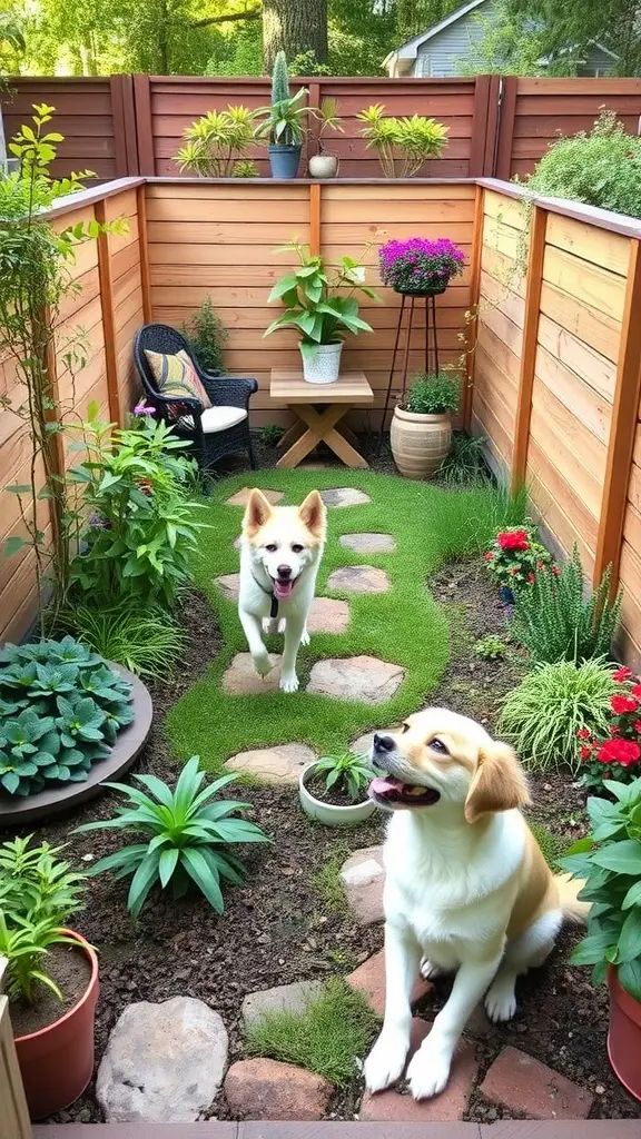 A dog-friendly garden with two dogs and decorative plants.