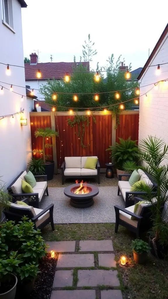 A cozy garden setup with a fire pit surrounded by comfortable seating and string lights.