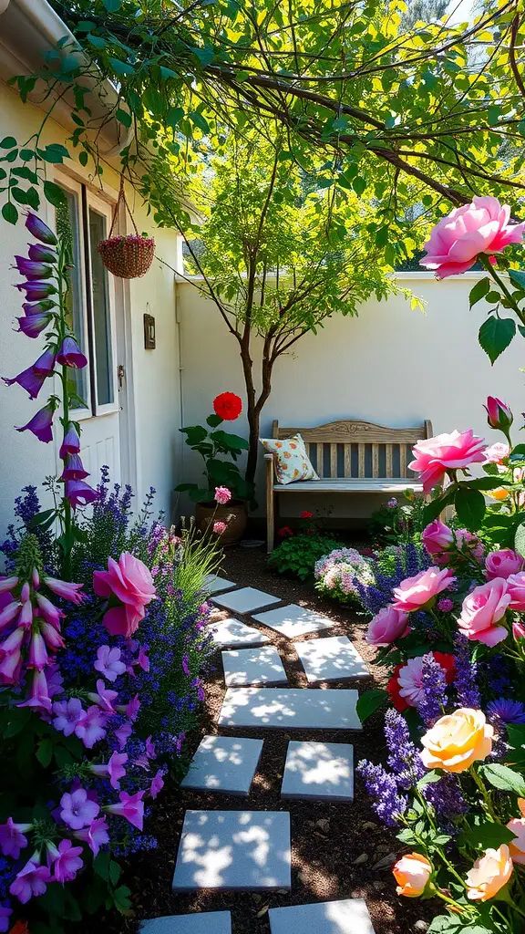 Colorful flowers bordering a stone path leading to a wooden bench in a cozy garden.