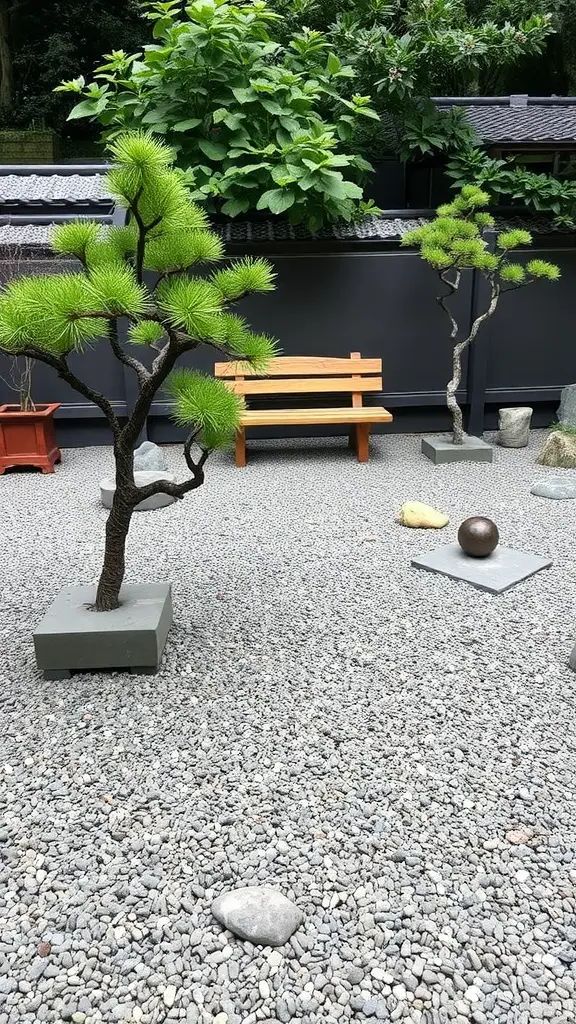 A tranquil Zen garden featuring gravel, stones, and small trees with a wooden bench.