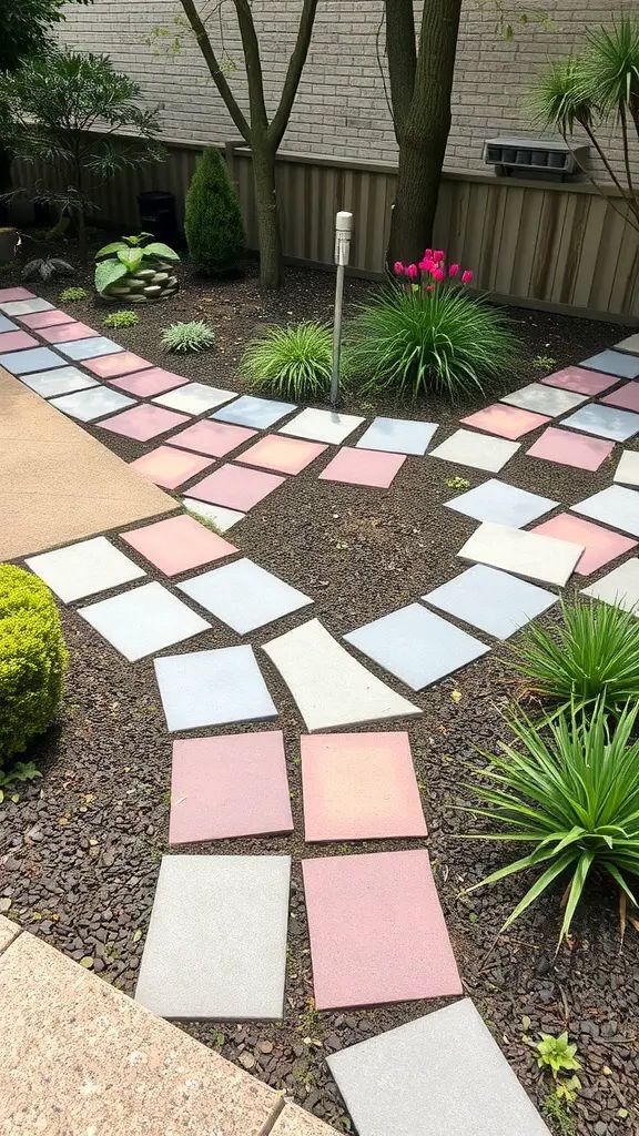 A garden path made of colorful paving stones surrounded by plants.