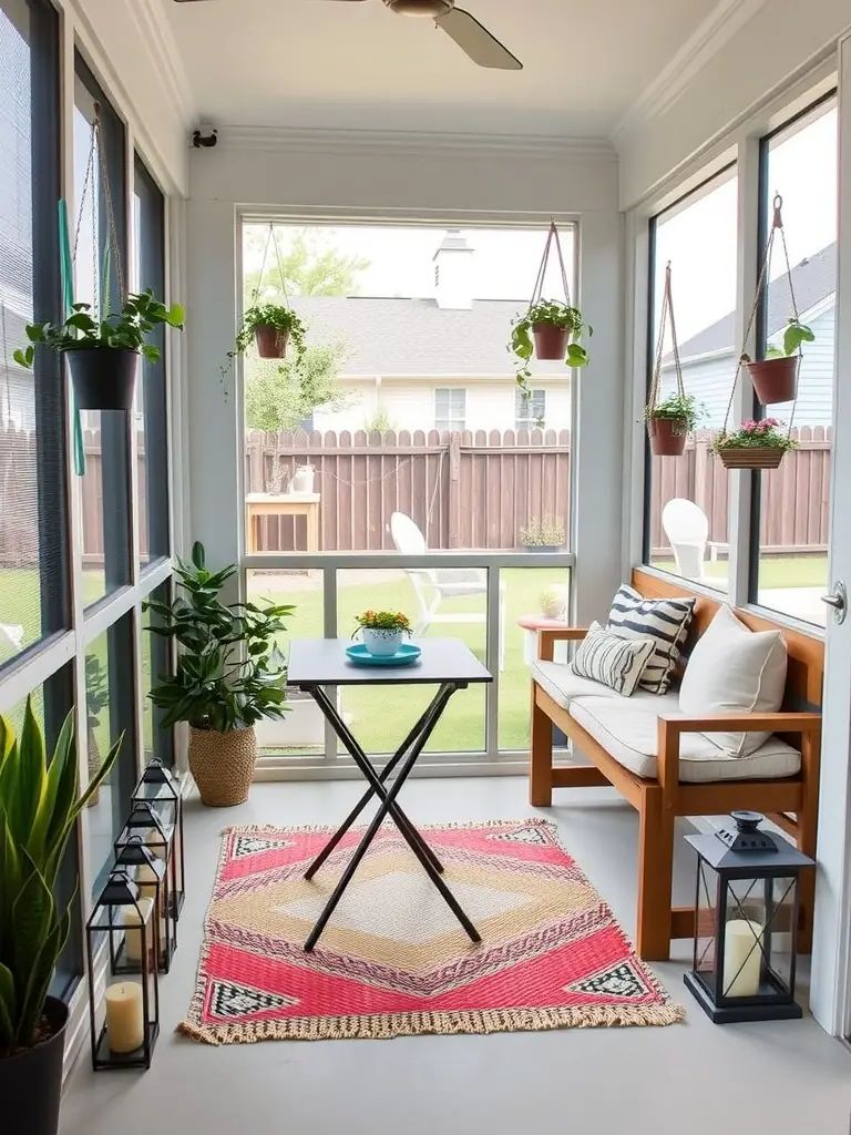 A cozy narrow screened back porch featuring a bench, a folding table, hanging plants, and decorative lanterns.