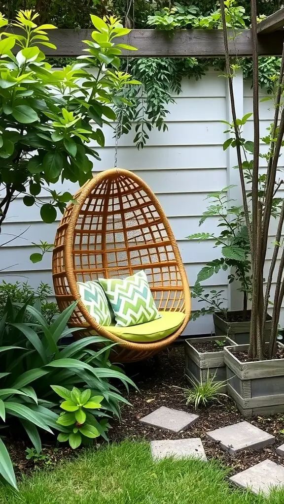 A cozy egg chair surrounded by greenery and potted plants in a garden.