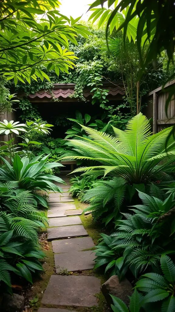A serene garden path lined with ferns and hostas under a canopy of foliage.