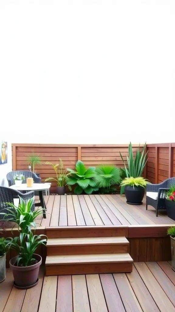 A cozy outdoor deck with chairs, table, and potted plants.