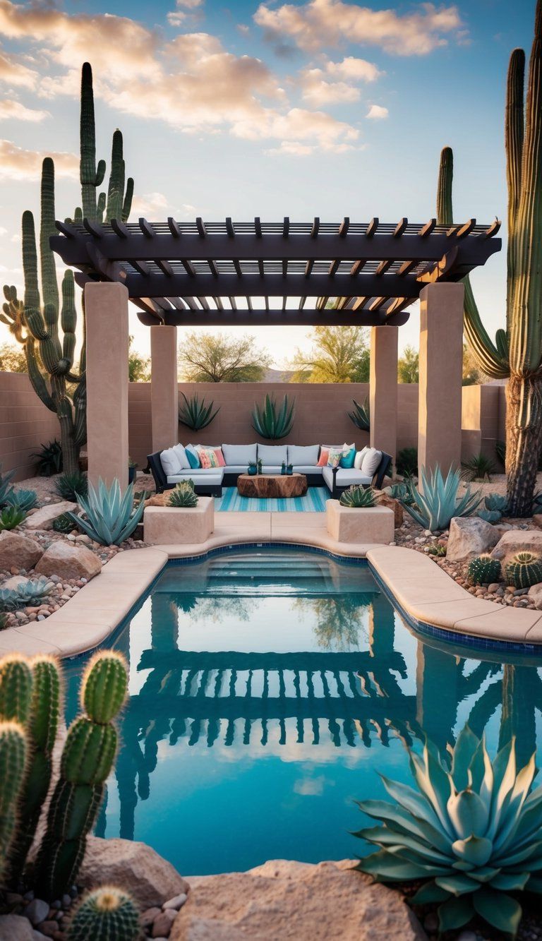 A sprawling desert backyard oasis with a pool, surrounded by cacti, succulents, and rocks. A pergola provides shade, and a cozy seating area invites relaxation