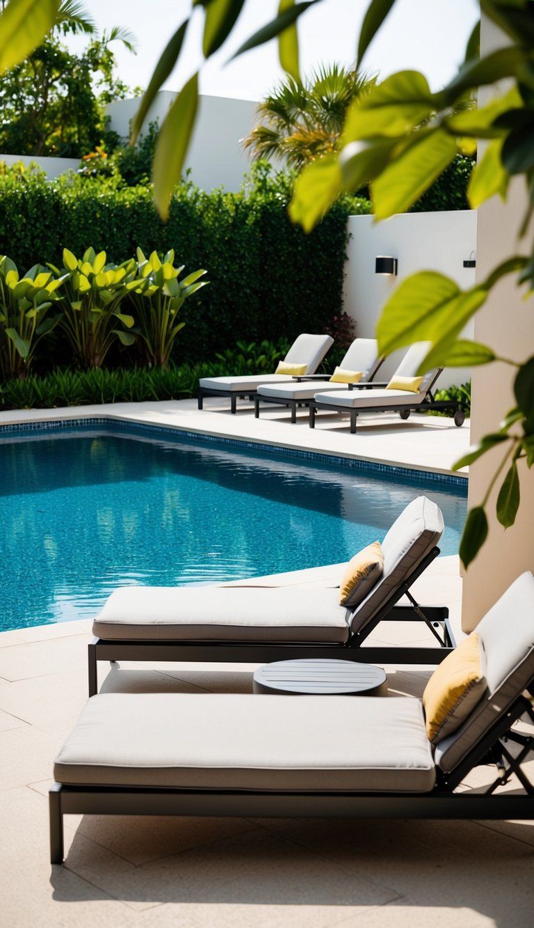 A sun deck with loungers overlooks a stylish pool surrounded by lush landscaping and modern design elements