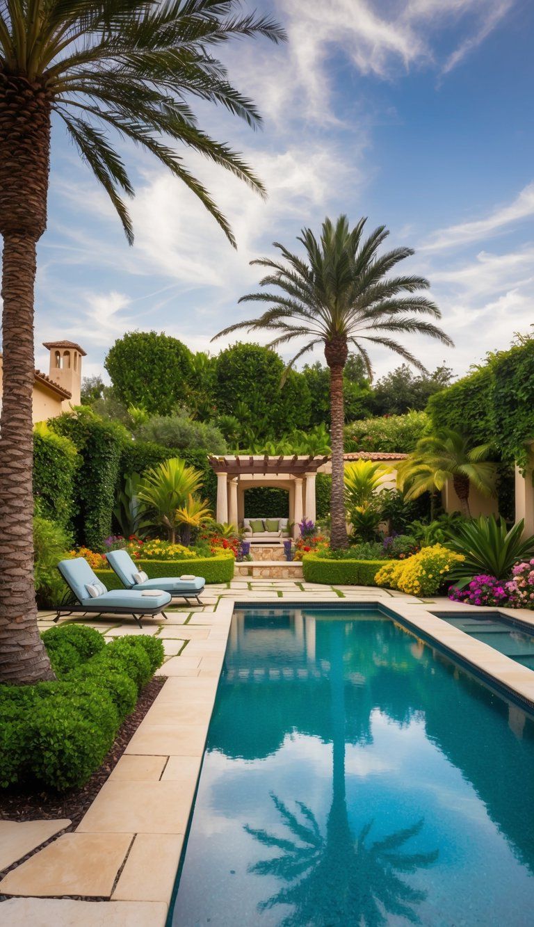 A lush backyard with a sparkling pool, surrounded by Mediterranean-inspired landscaping. Palm trees, colorful flowers, and stone pathways create a tranquil escape