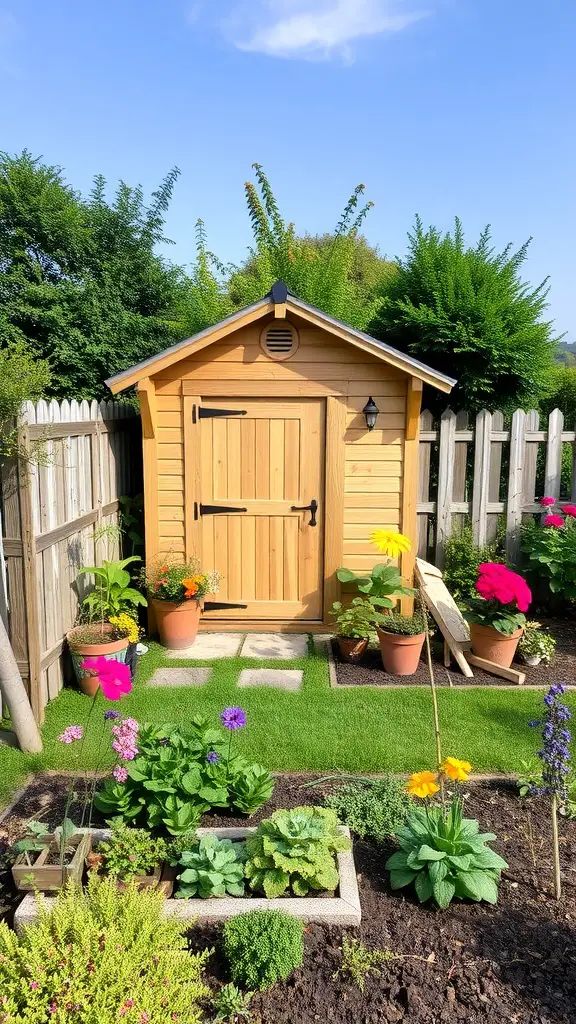 A charming garden shed surrounded by colorful flowers and greenery.