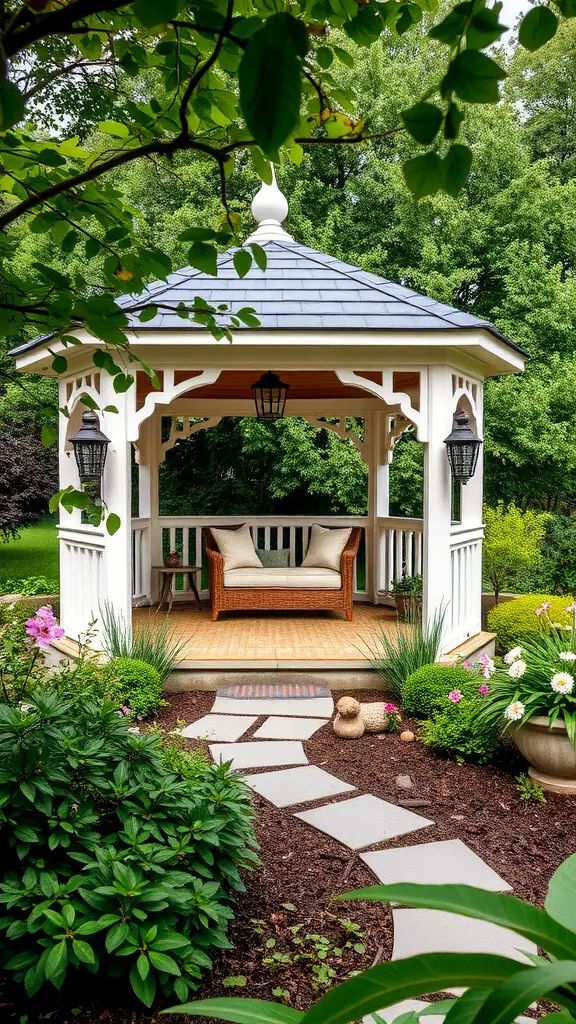 A beautifully designed gazebo surrounded by lush greenery and colorful flowers, creating a serene outdoor space.