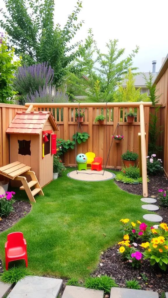 A small kid-friendly garden featuring a swing set, playhouse, and colorful flowers.